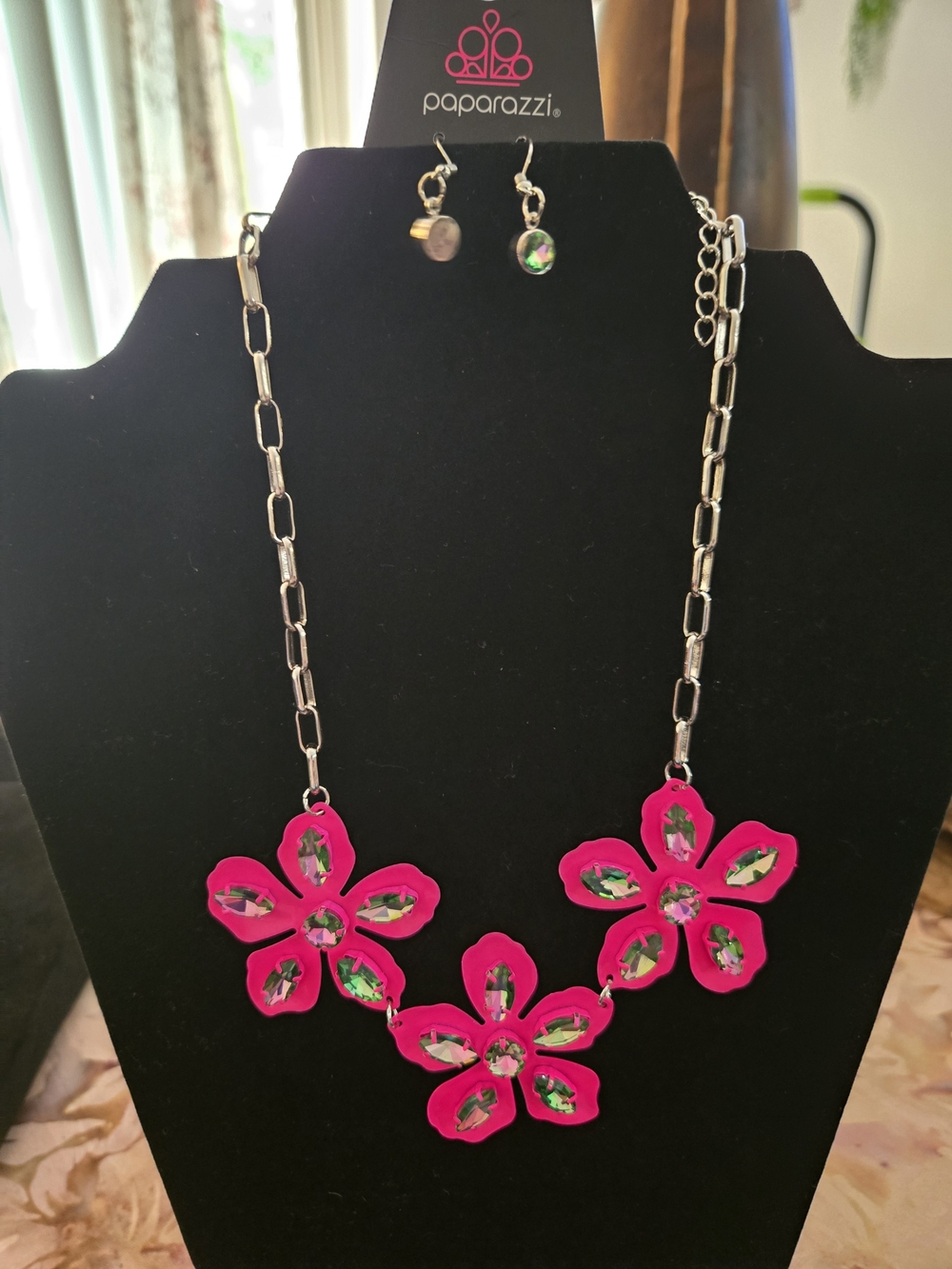 Paparazzi Hot Pink Floral Crystal Necklace and Earrings Set